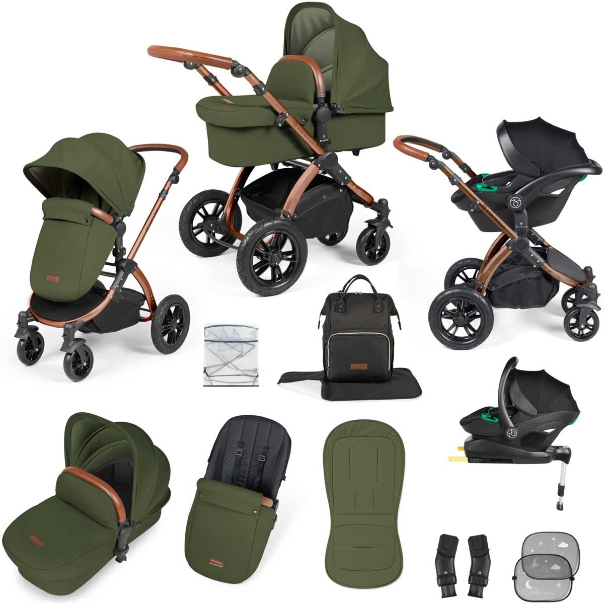 Ickle Bubba Stomp Luxe All-in-One Premium i-Size Travel System with ISOFIX Base, Bronze / Woodland / Tan