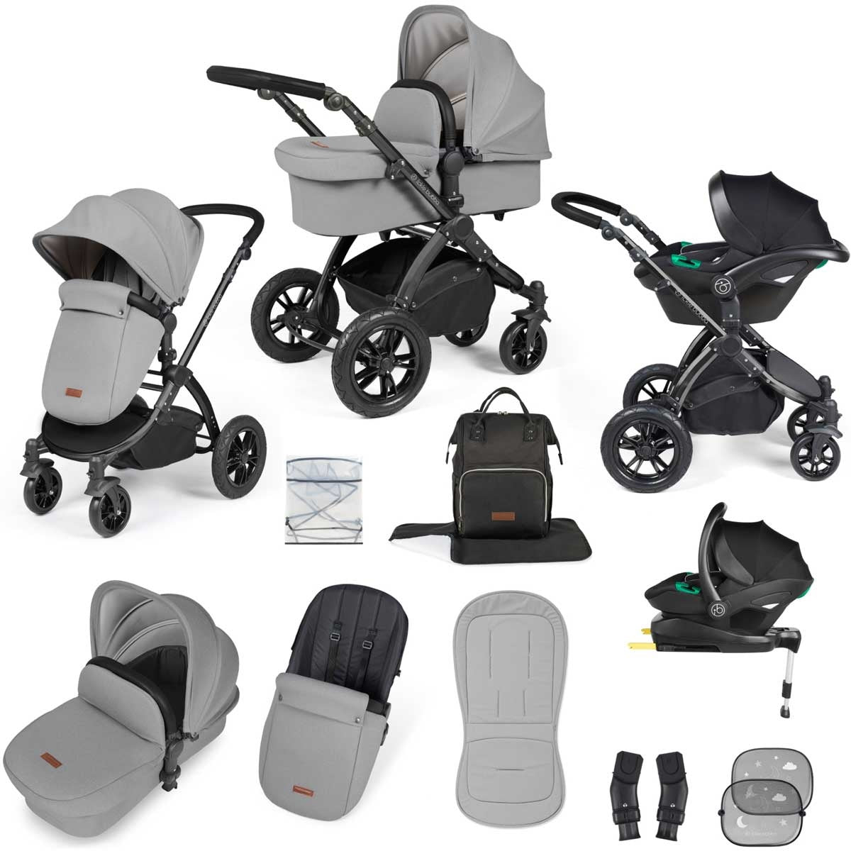 Ickle Bubba Stomp Luxe All-in-One Premium i-Size Travel System with ISOFIX Base, Black / Pearl Grey / Black