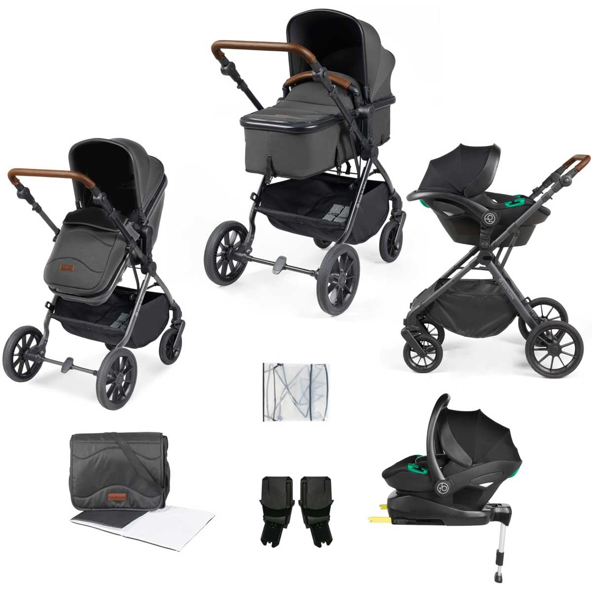 Ickle Bubba Cosmo All-in-One i-Size Travel System with ISOFIX Base, Black / Graphite Grey / Tan