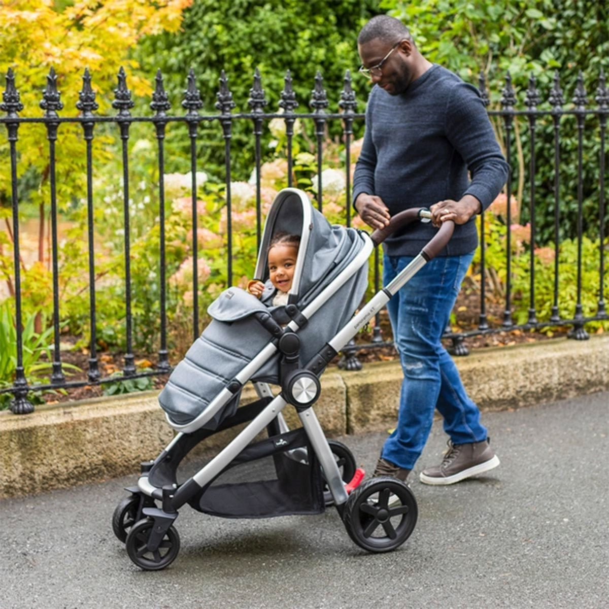 BabyLo Panorama XTi Premium Travel System & Starter Nursery Bundle including Isofix Base, Grey on Silver Chassis