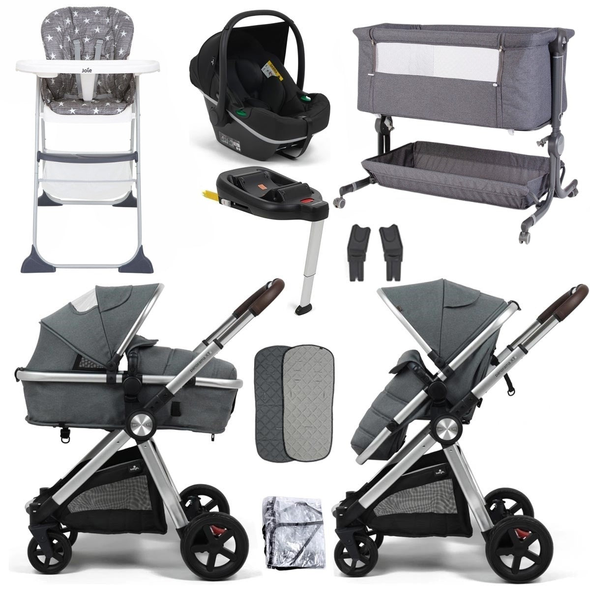 BabyLo Panorama XTi Premium Travel System & Starter Nursery Bundle including Isofix Base, Grey on Silver Chassis