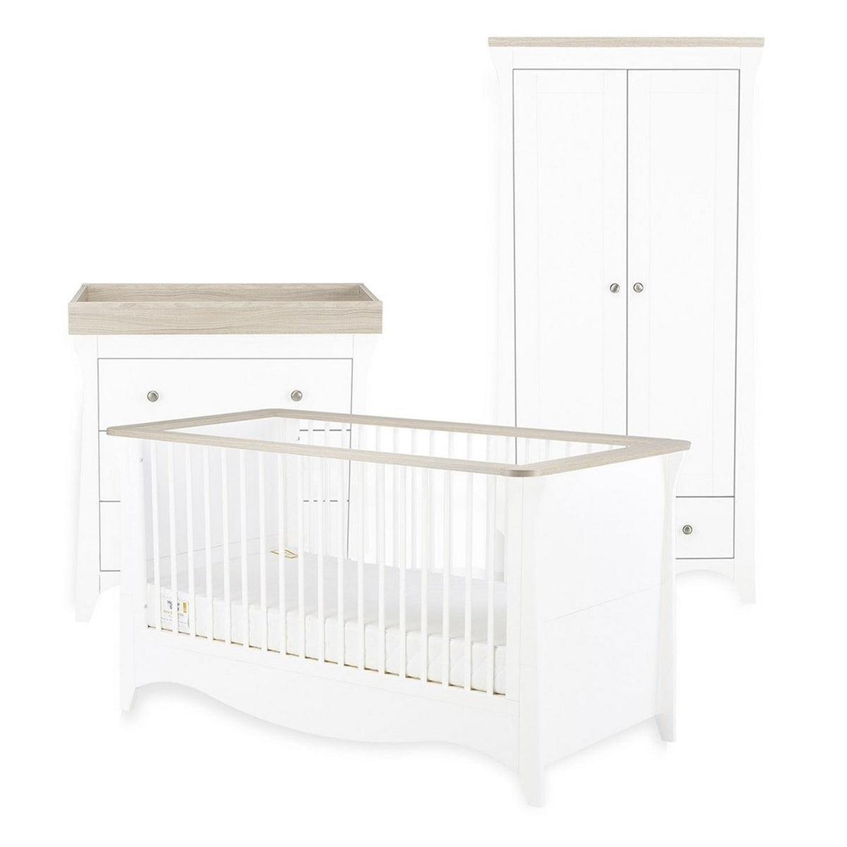 CuddleCo Clara 3 Piece Nursery Furniture Set (Cot Bed, Wardrobe & Dresser) - White & Ash