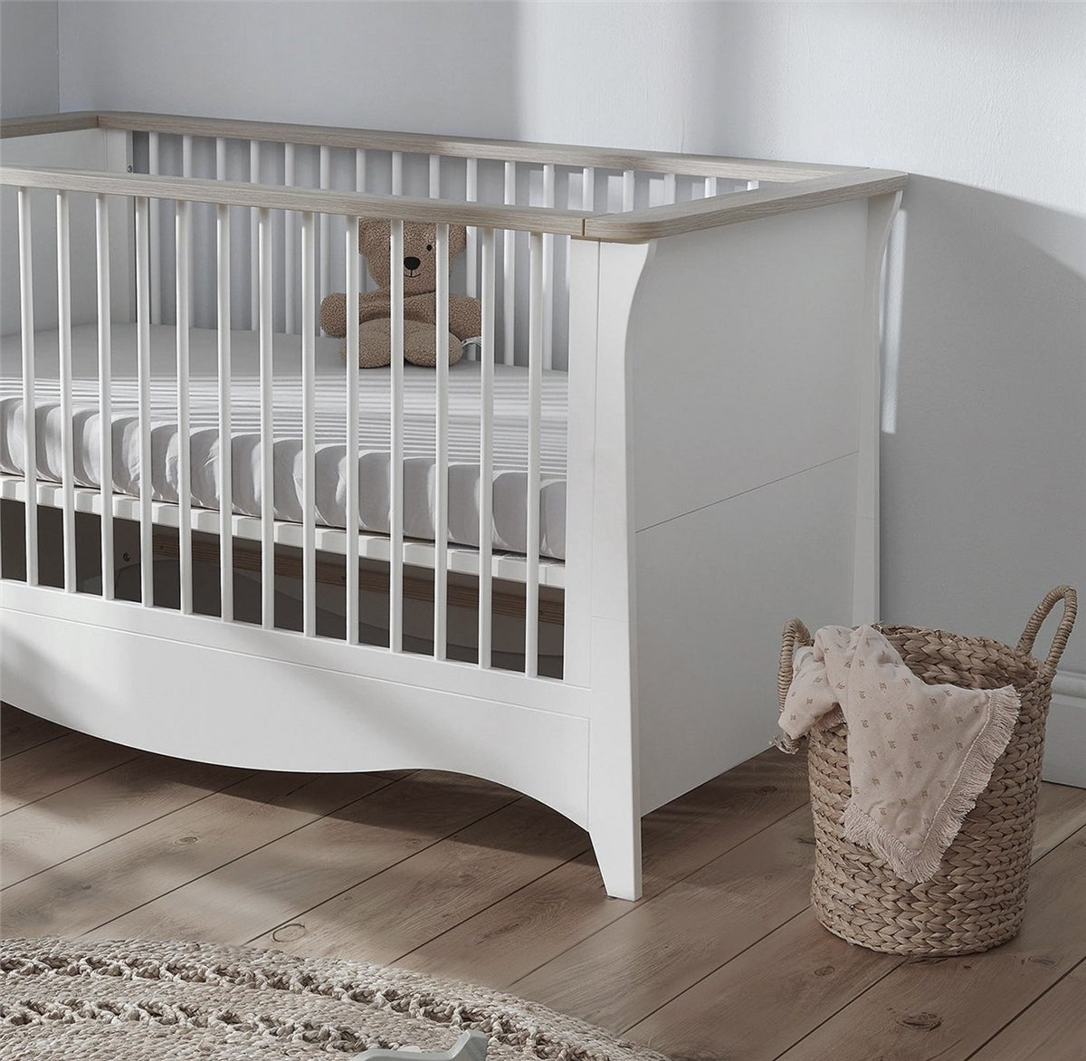 CuddleCo Clara 3 Piece Nursery Furniture Set (Cot Bed, Wardrobe & Dresser) - White & Ash