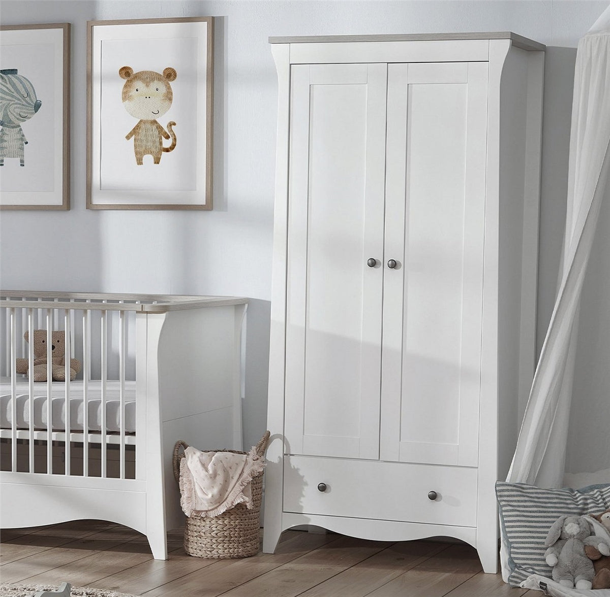 CuddleCo Clara 3 Piece Nursery Furniture Set (Cot Bed, Wardrobe & Dresser) - White & Ash