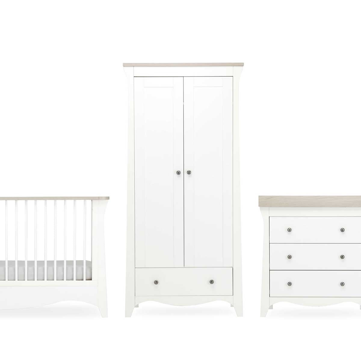 CuddleCo Clara 3 Piece Nursery Furniture Set (Cot Bed, Wardrobe & Dresser) - White & Ash