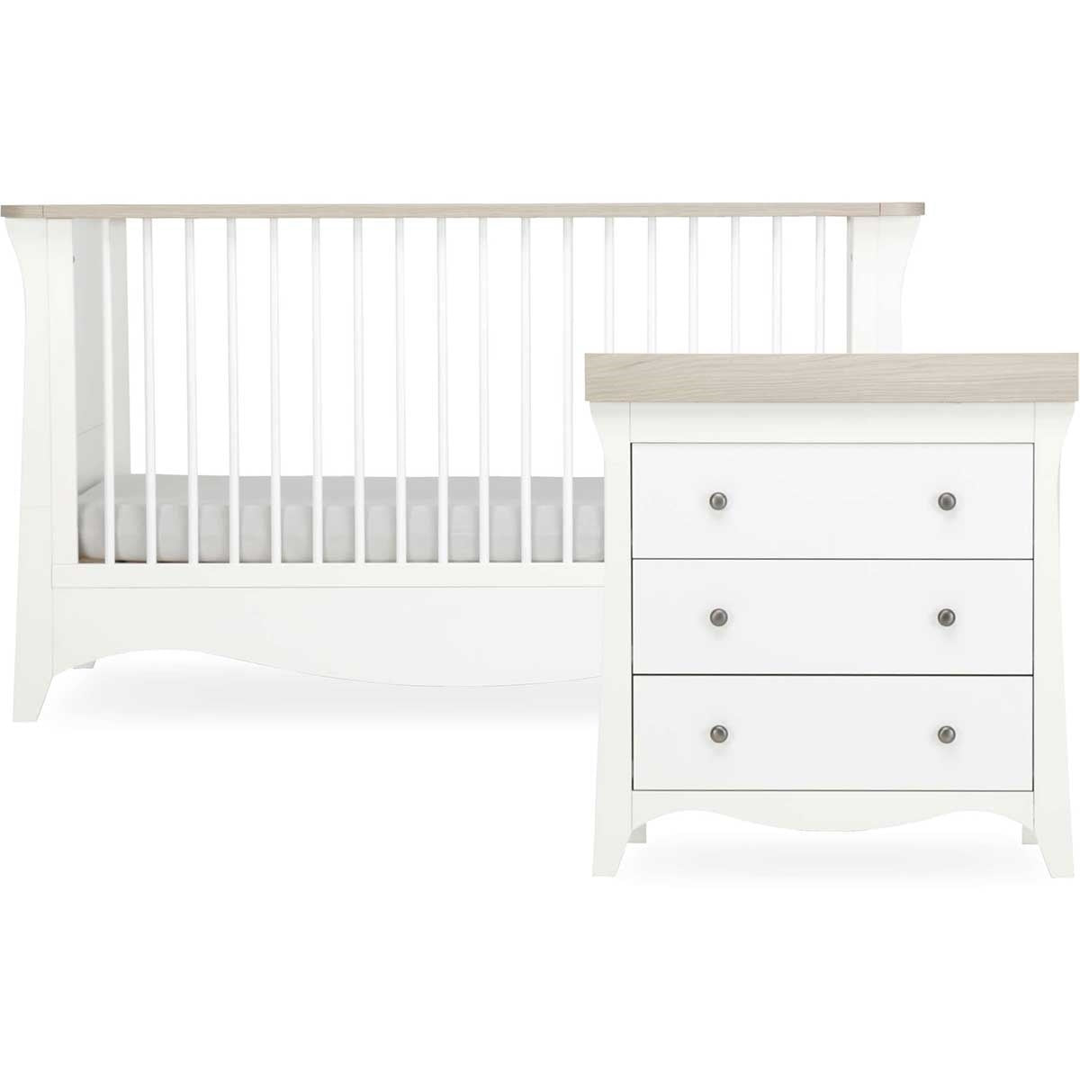CuddleCo Clara 2 Piece Nursery Furniture Set (Cot Bed & Dresser) - White/Ash