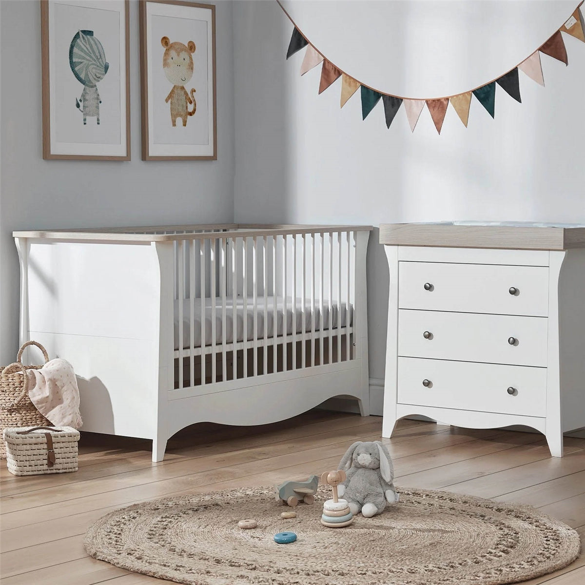 CuddleCo Clara 2 Piece Nursery Furniture Set (Cot Bed & Dresser) - White/Ash