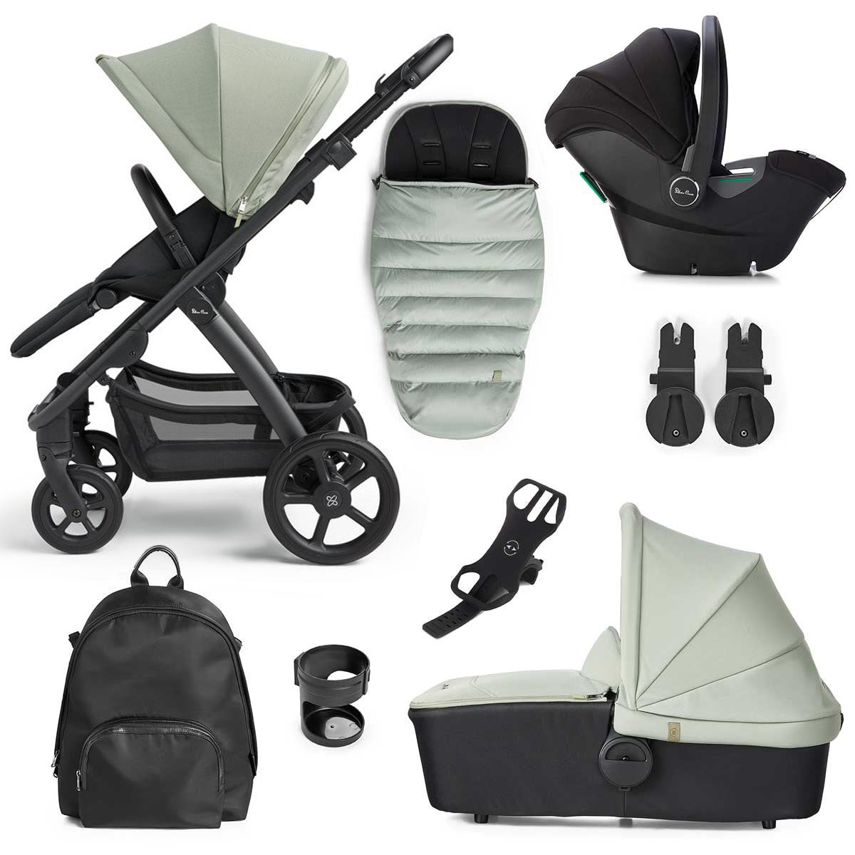 Silver Cross Tide 3-in-1 Dream Travel System + Free Accessories Pack Bundle, Sage on Black