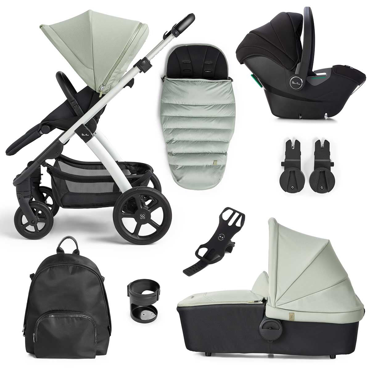 Silver Cross Tide 3-in-1 Dream Travel System + Free Accessories Pack Bundle, Sage on Silver