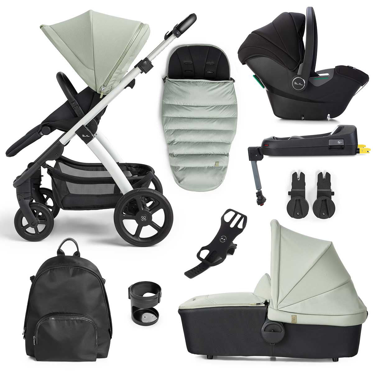 Silver Cross Tide 3-in-1 Dream Travel System + Free Accessories Pack Bundle, Sage on Silver