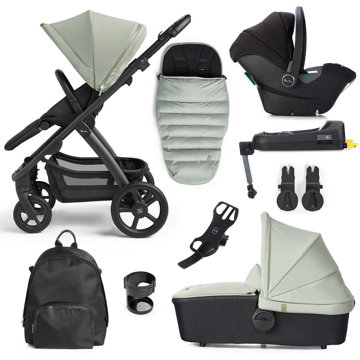 Silver Cross Tide 3-in-1 Dream Travel System + Free Accessories Pack Bundle, Sage on Black