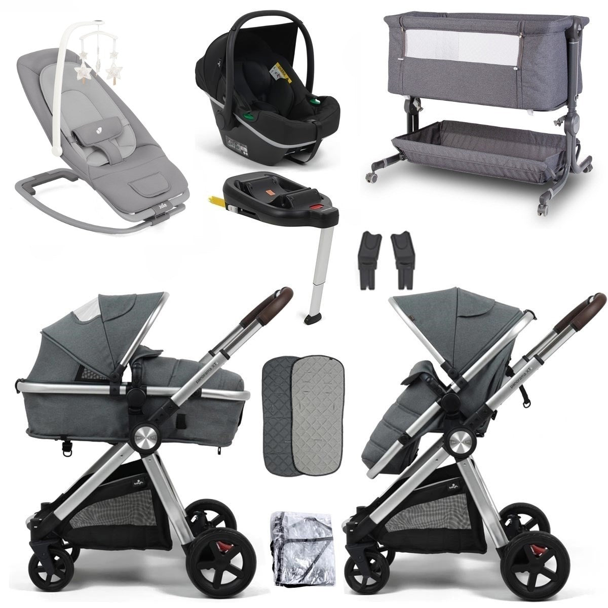 BabyLo Panorama XTi Premium Travel System & Starter Nursery Bundle including Isofix Base 2, Grey on Silver Chassis