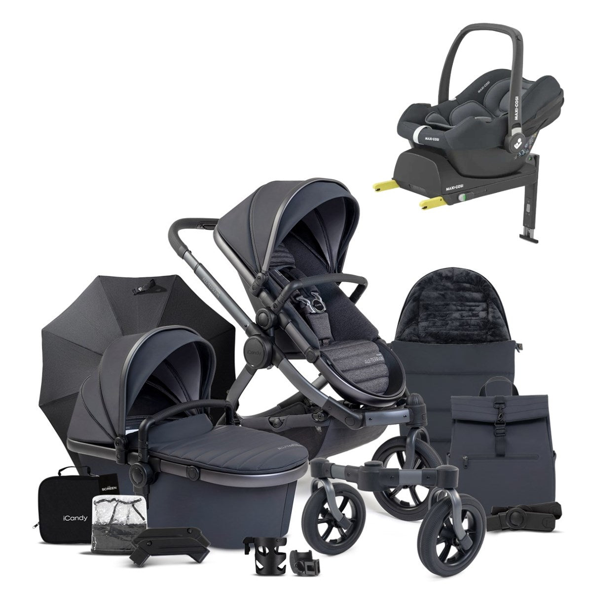 iCandy Peach 7 All-Terrain Complete Bundle + Maxi Cosi Cabriofix iSize Car Seat & Isofix Base - Storm Grey