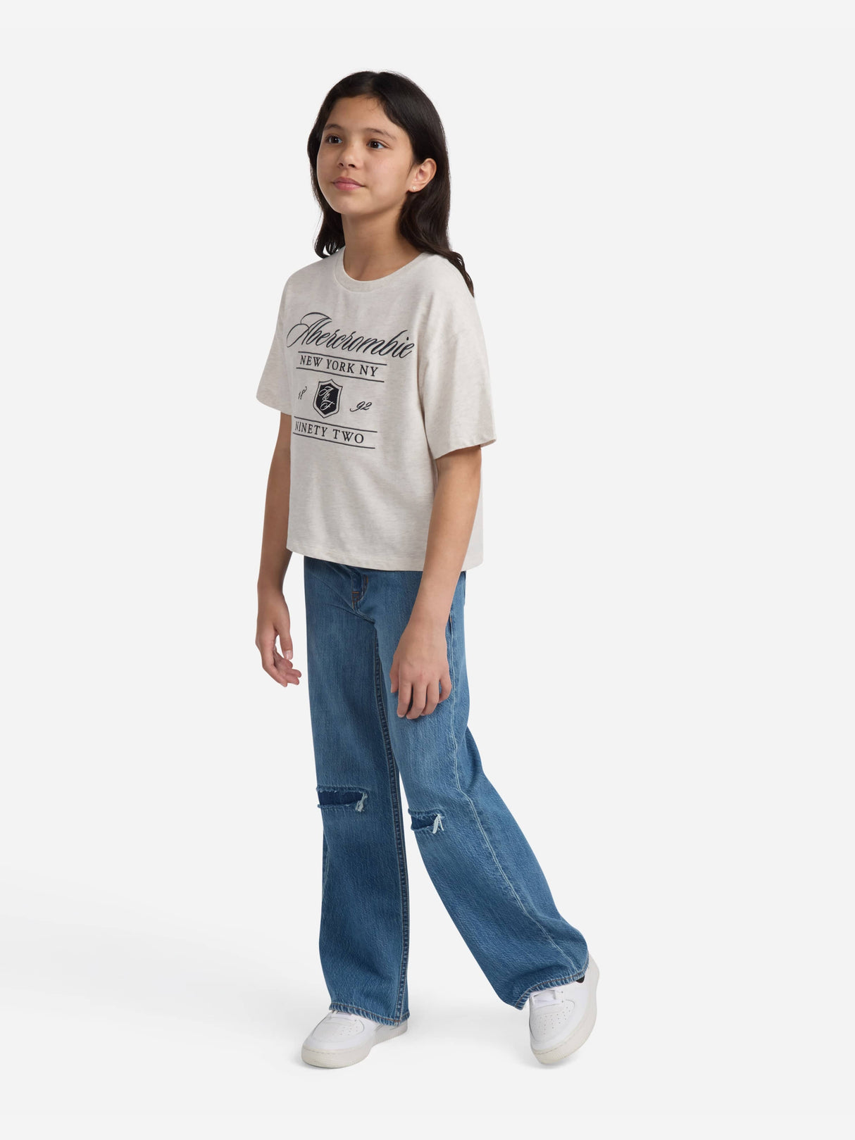 Abercrombie & Fitch Girls Crest Boxy T-Shirt in Beige