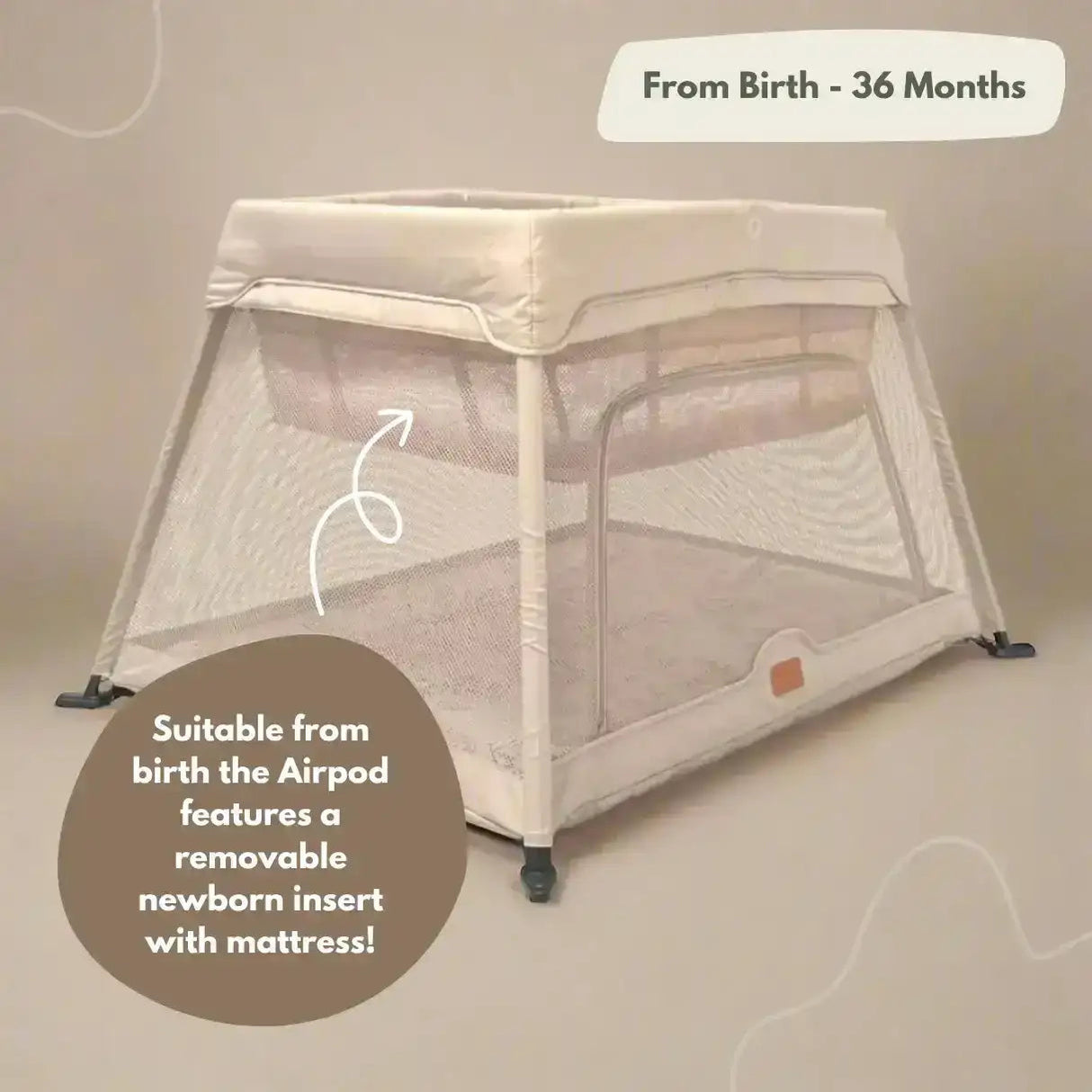 Airpod 3 Travel Cot Includes Newborn Bassinet Insert - Beige