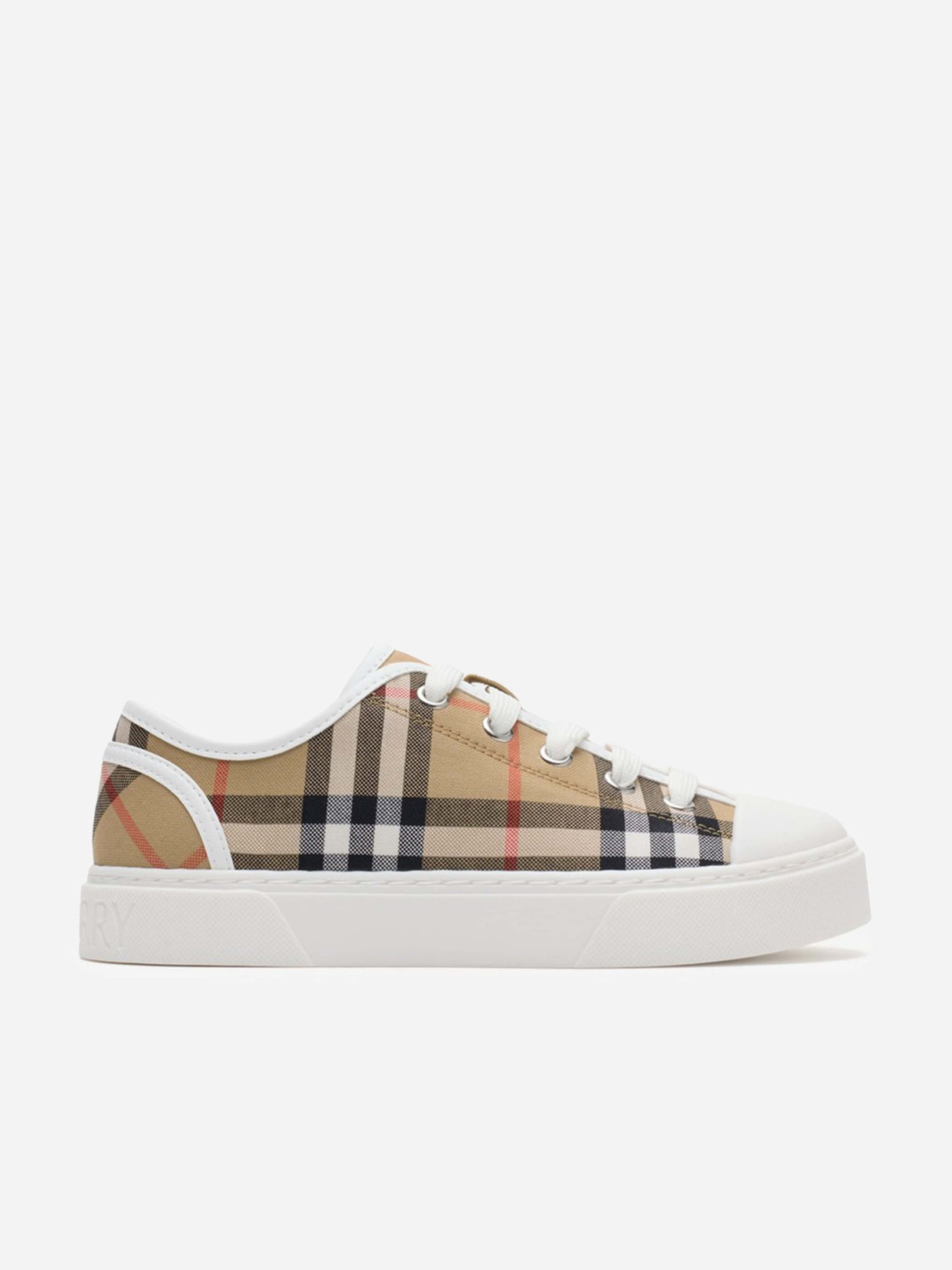 Burberry Kids Check Cotton Canvas Trainers in Beige