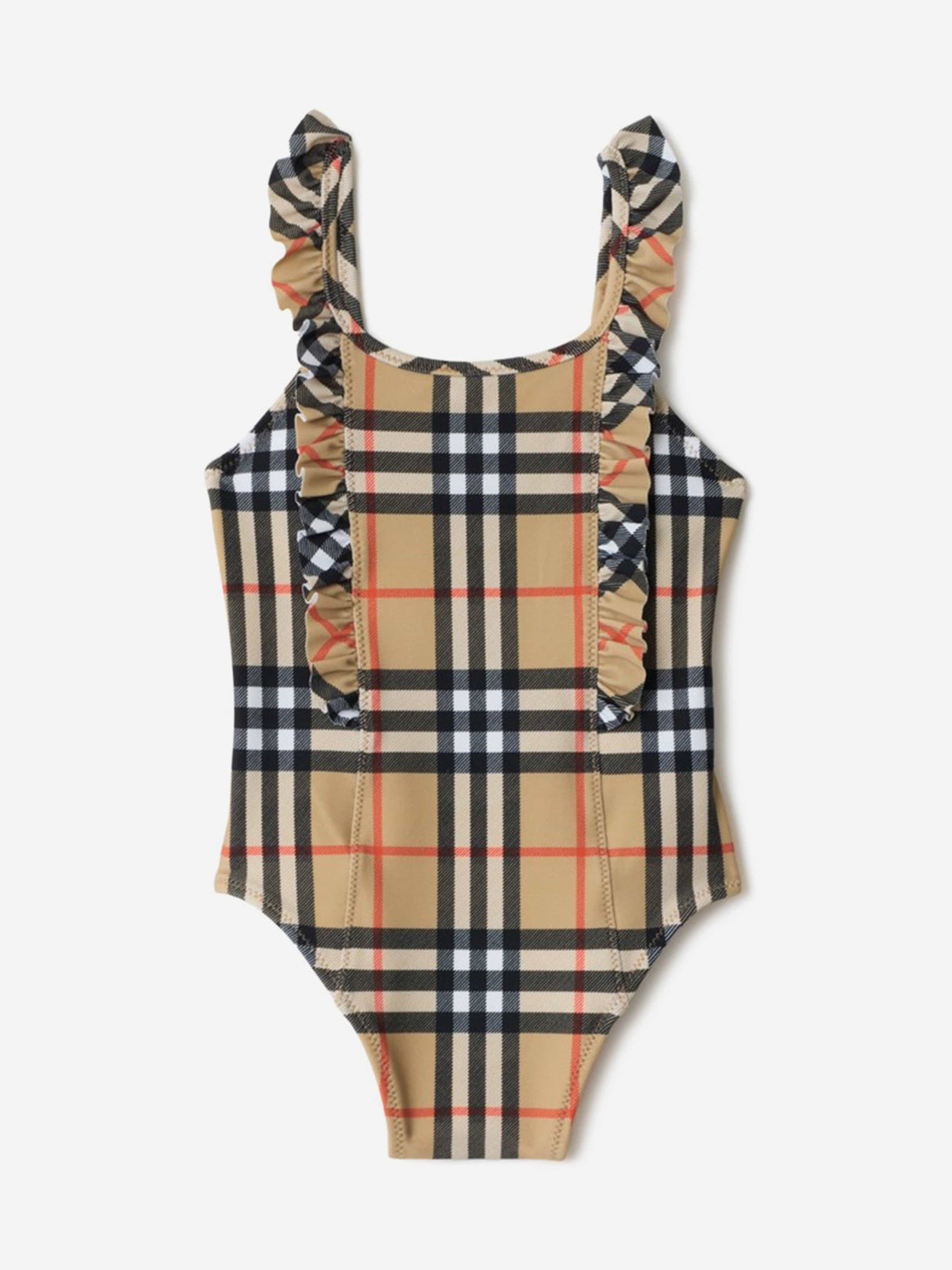 Burberry Girls Tilly Ruffle Trim Check Swimsuit in Beige
