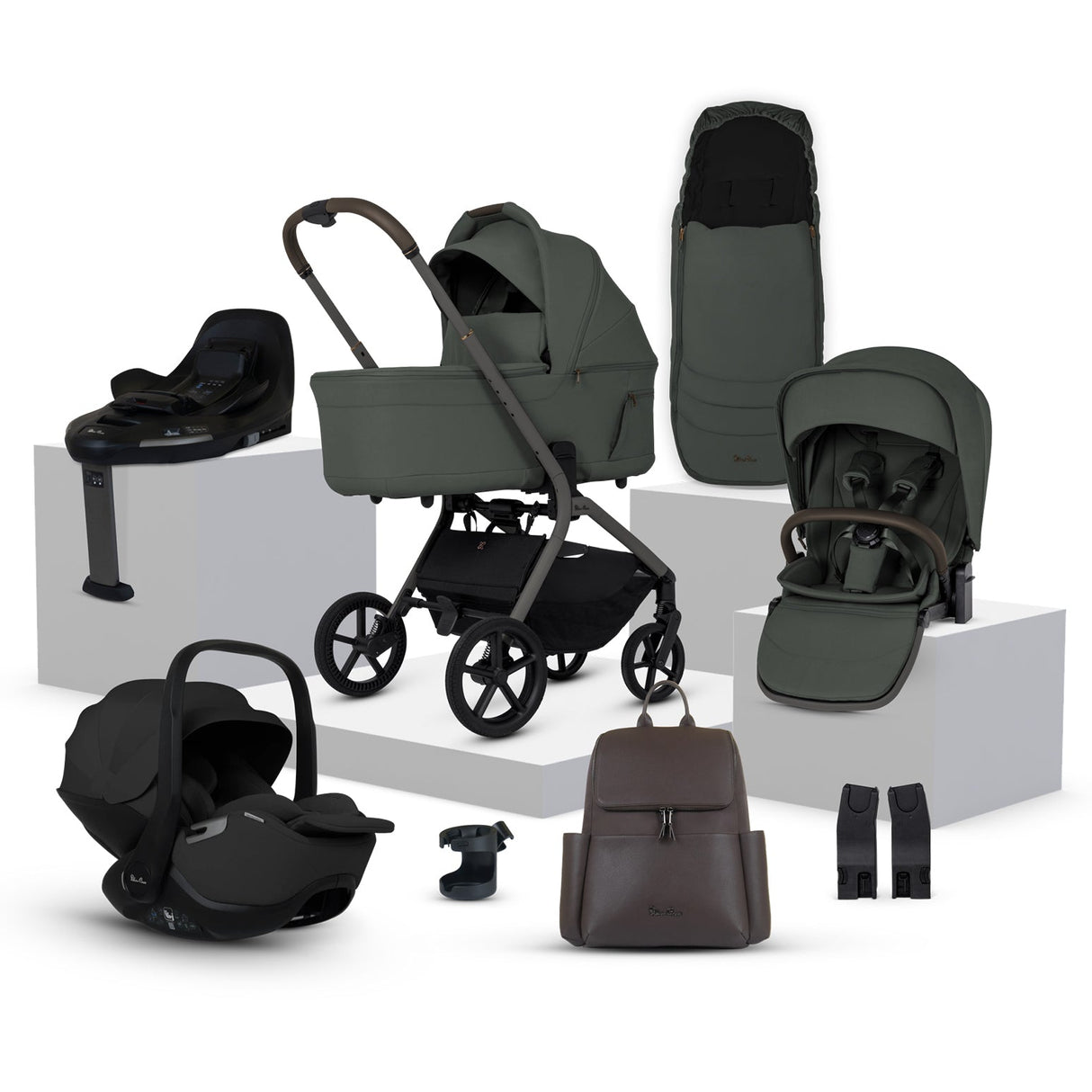 Collection of Silver Cross Breez baby products including a stroller, car seats, and bags on a white background