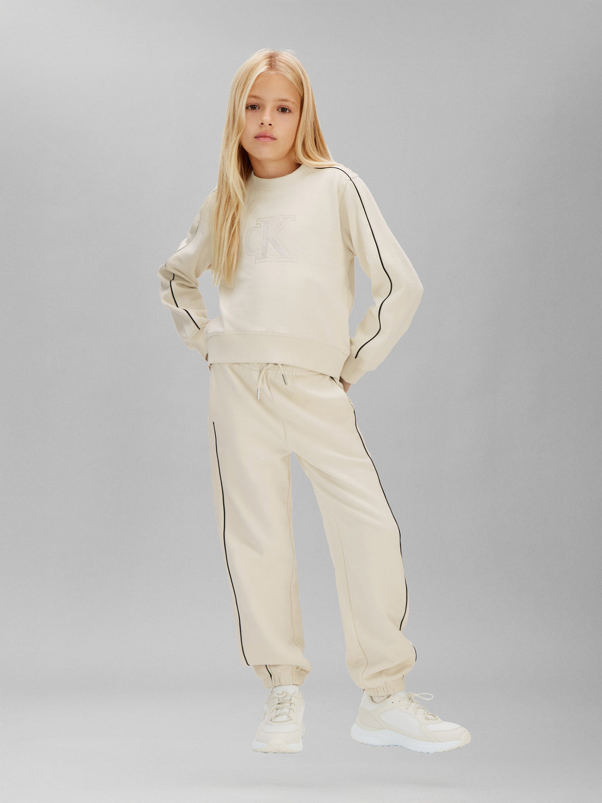 Calvin Klein Girls Cotton Terry Piping Tracksuit in Ivory