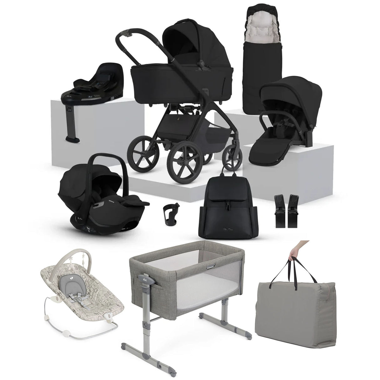 A multi-piece baby travel system set displayed on white pedestals against a white background. The set includes a black stroller, black infant car seat and car seat cover, black bassinet cover, black diaper bag, black backpack, black footmuff, black mesh bassinet, a gray and white patterned baby swing, and a gray tote bag.