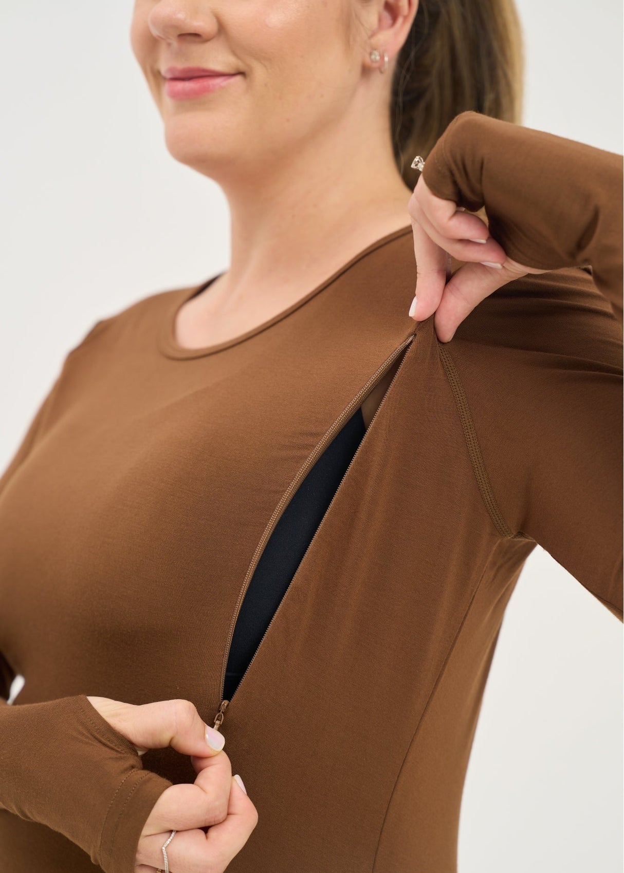 Bamboo Maternity & Breastfeeding Long Sleeved Top - Coffee