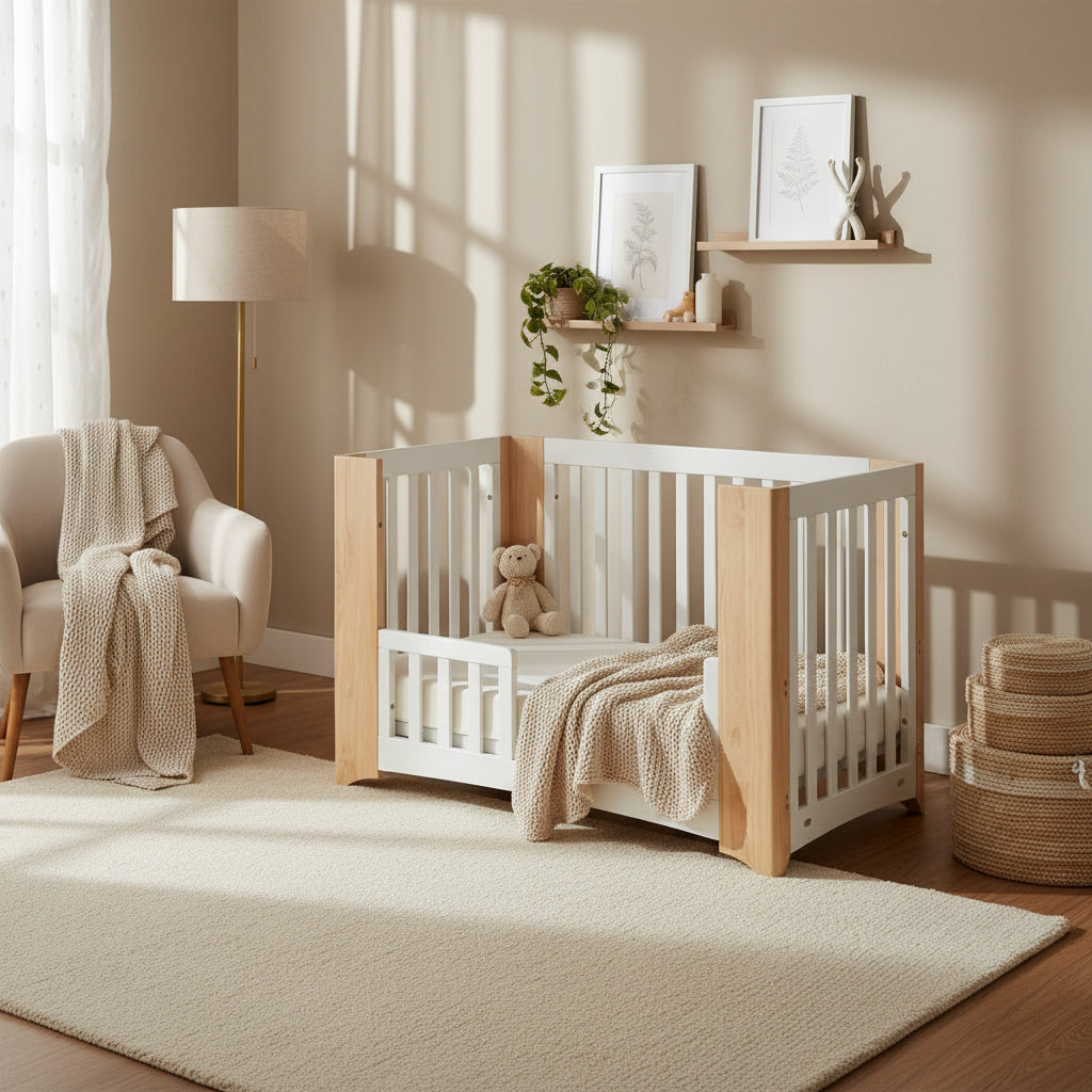 Cocoon Evoluer 4 in 1 Nursery Furniture System - Bassinet, Cot, Toddler Bed & Sofa, White/Natural