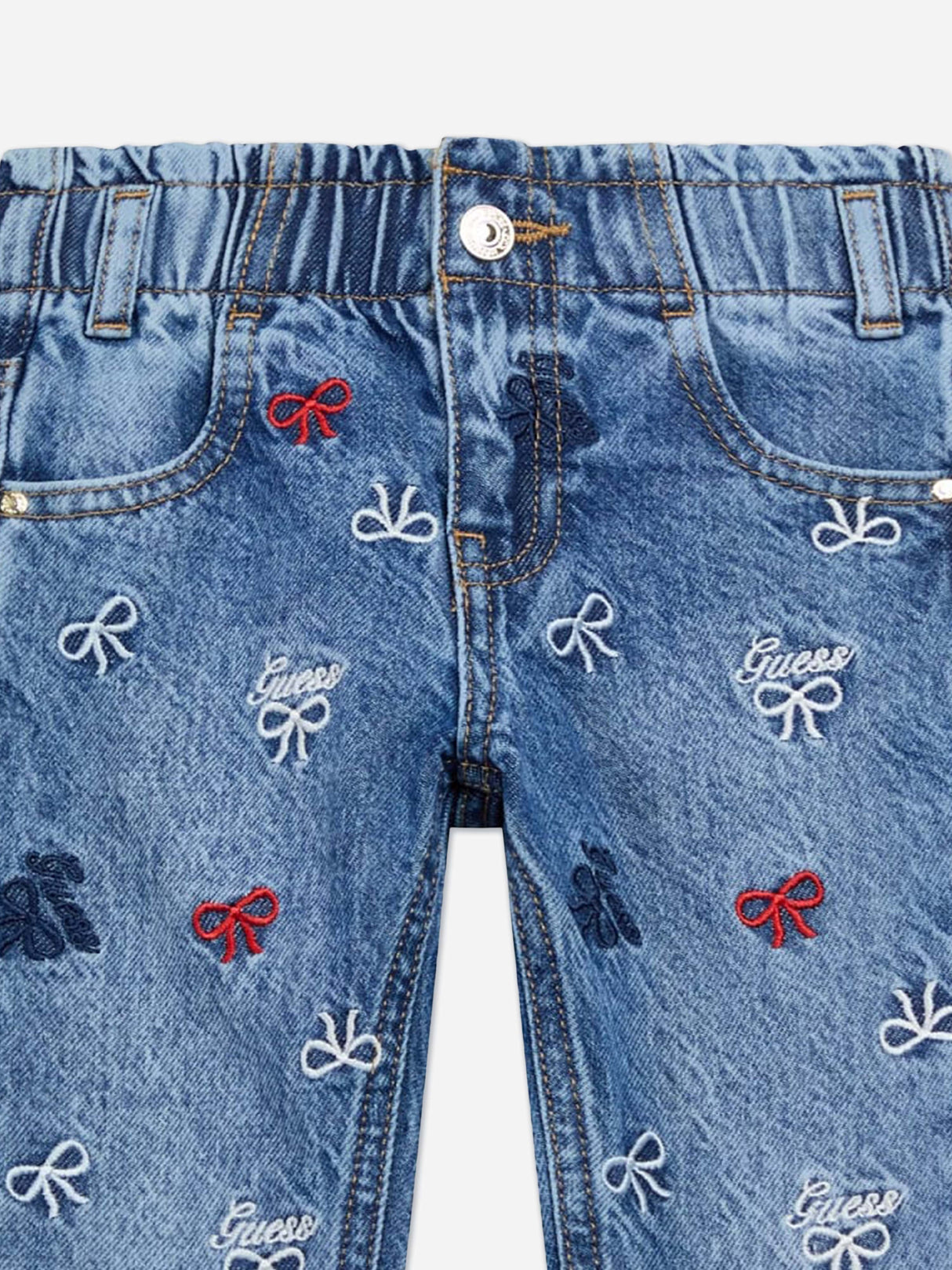 Guess Girls Embroidered Bow Mom Jeans in Blue