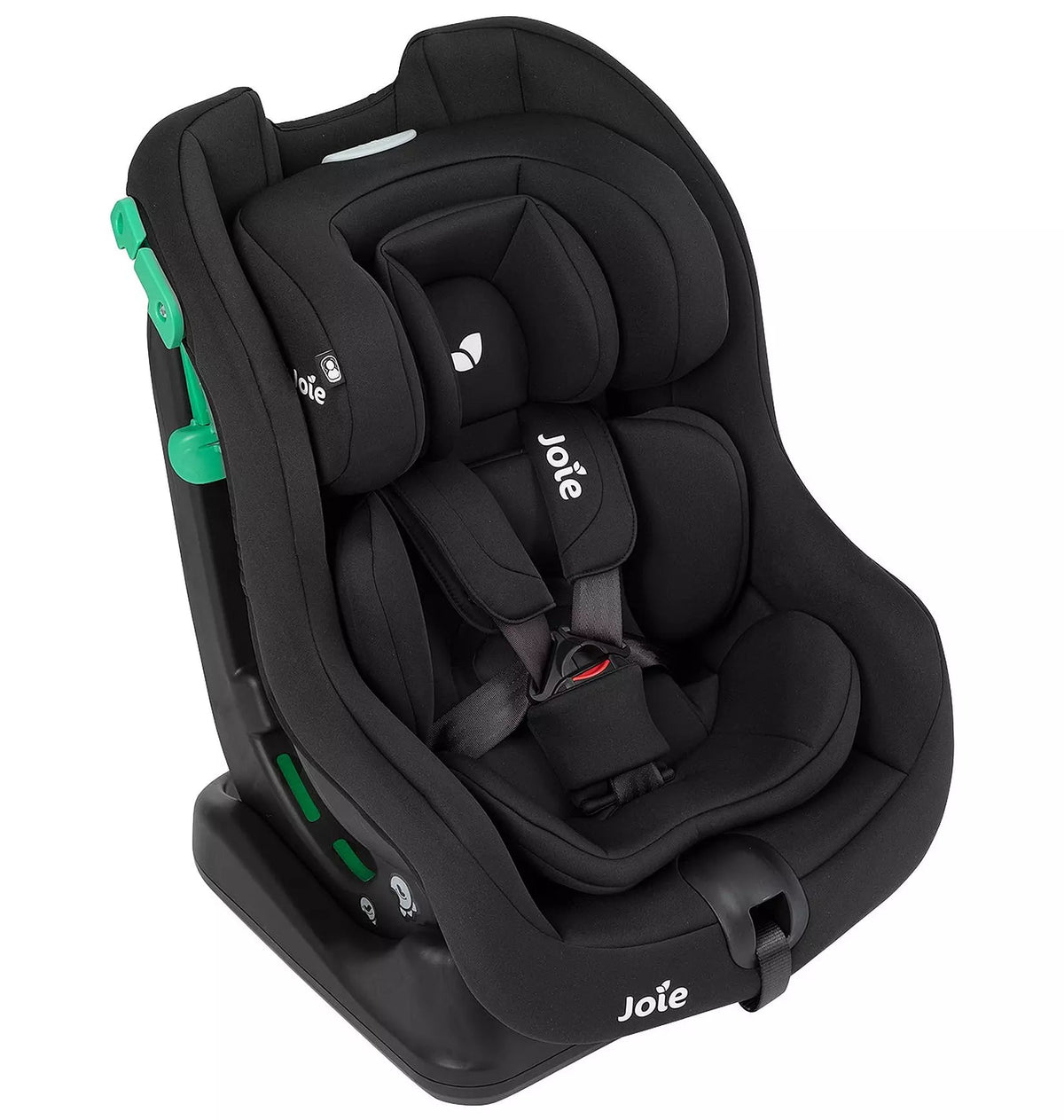 A Joie brand black infant car seat with bright green side-release levers, shown from a three-quarters angle on a solid white background.
