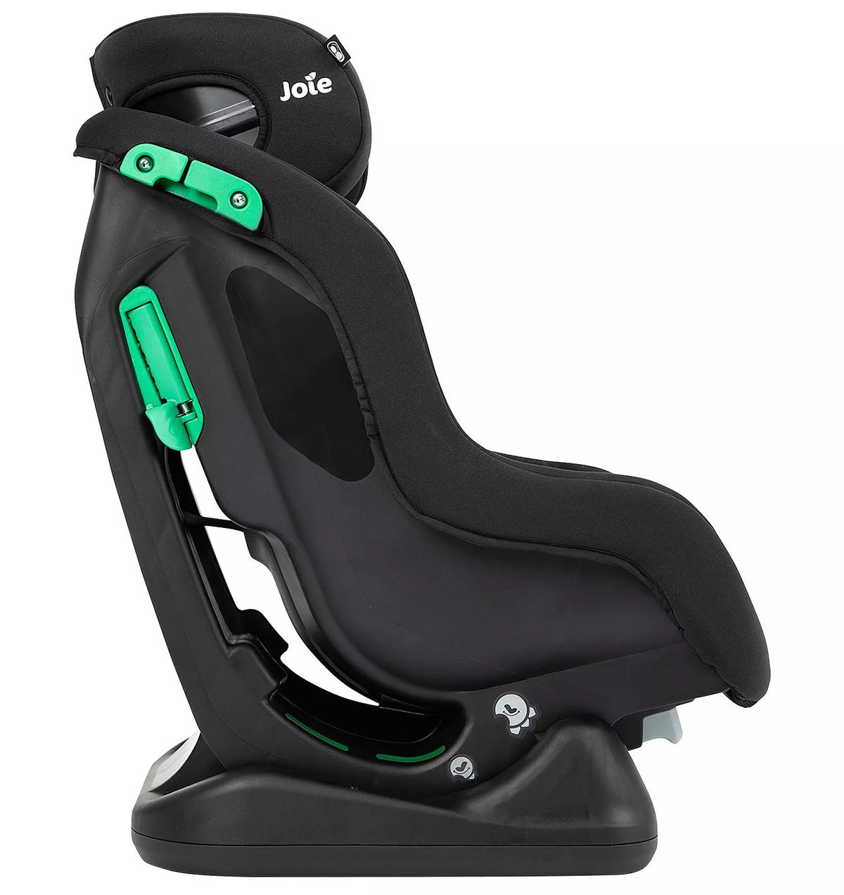 A Jole brand black child car seat in a side-impact configuration, featuring bright green plastic adjustment levers and a black base, photographed on a solid white background.
