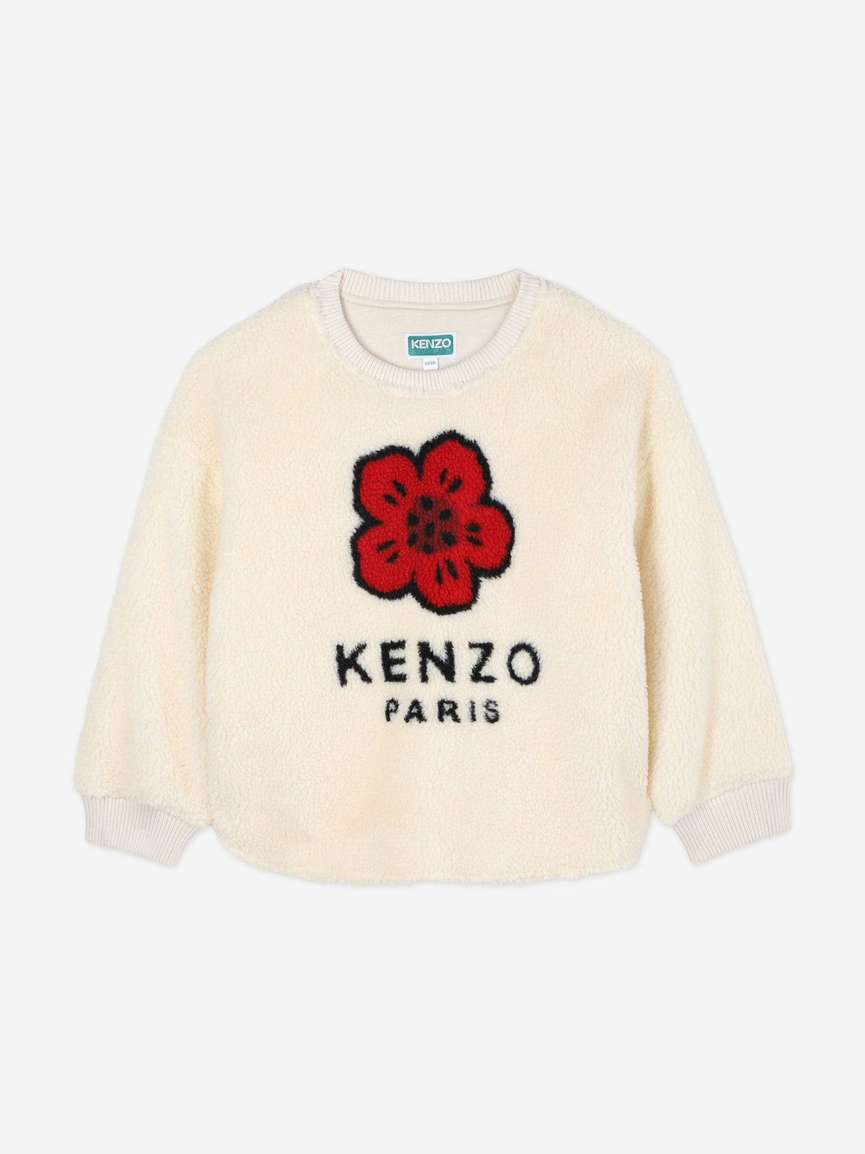 KENZO Girls Faux Shearling Flower Sweatshirt in Ivory