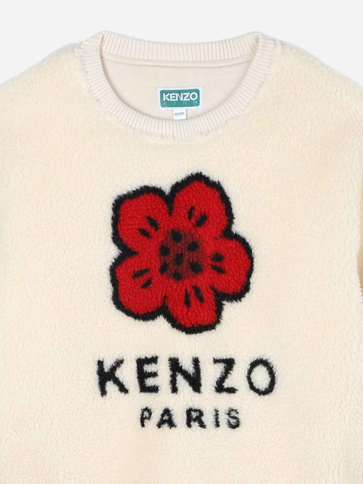 KENZO Girls Faux Shearling Flower Sweatshirt in Ivory