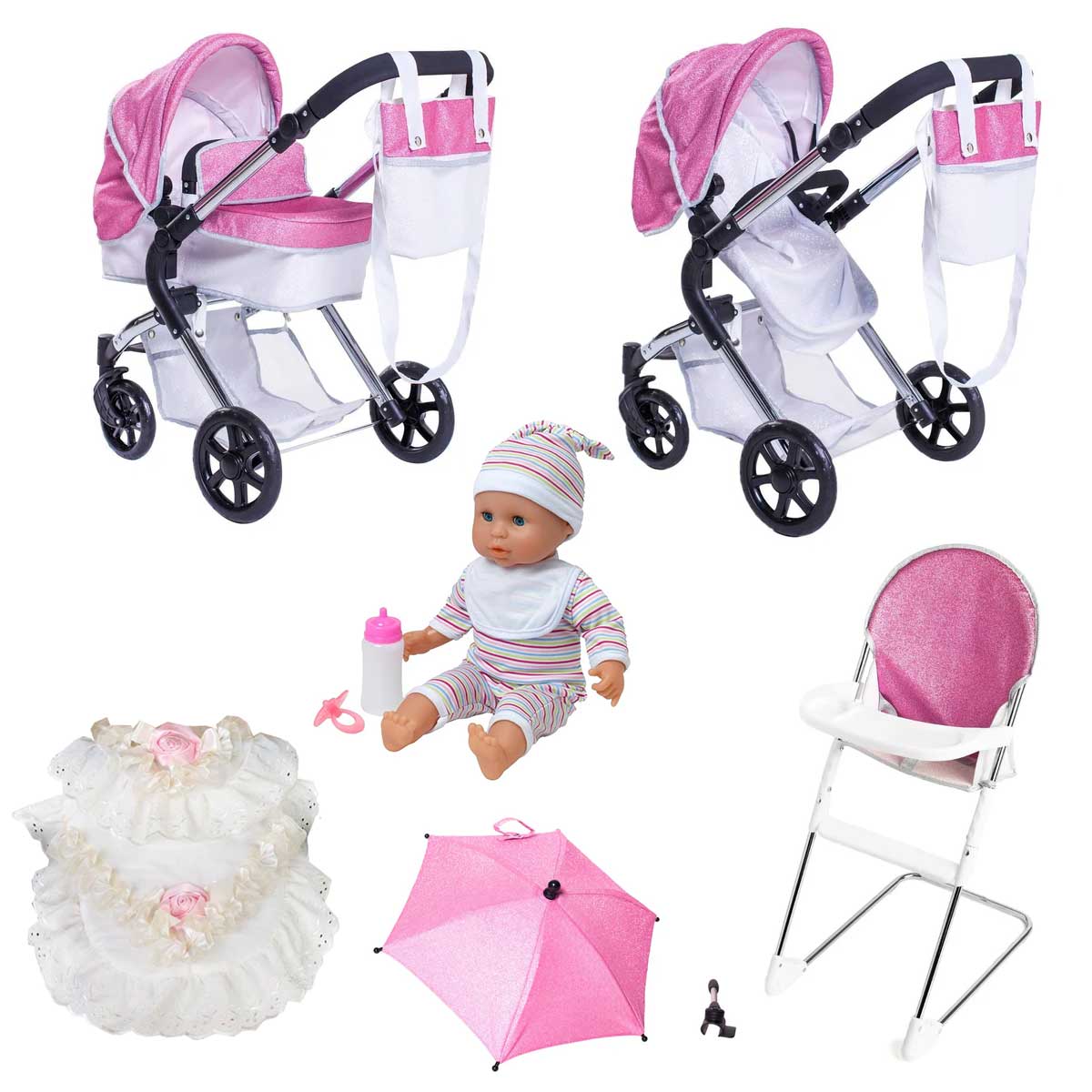 Roma Stephanie Dolls Pram Bundle with Pram / Pushchair, Doll, Highchair, Bag, Parasol & Pram set