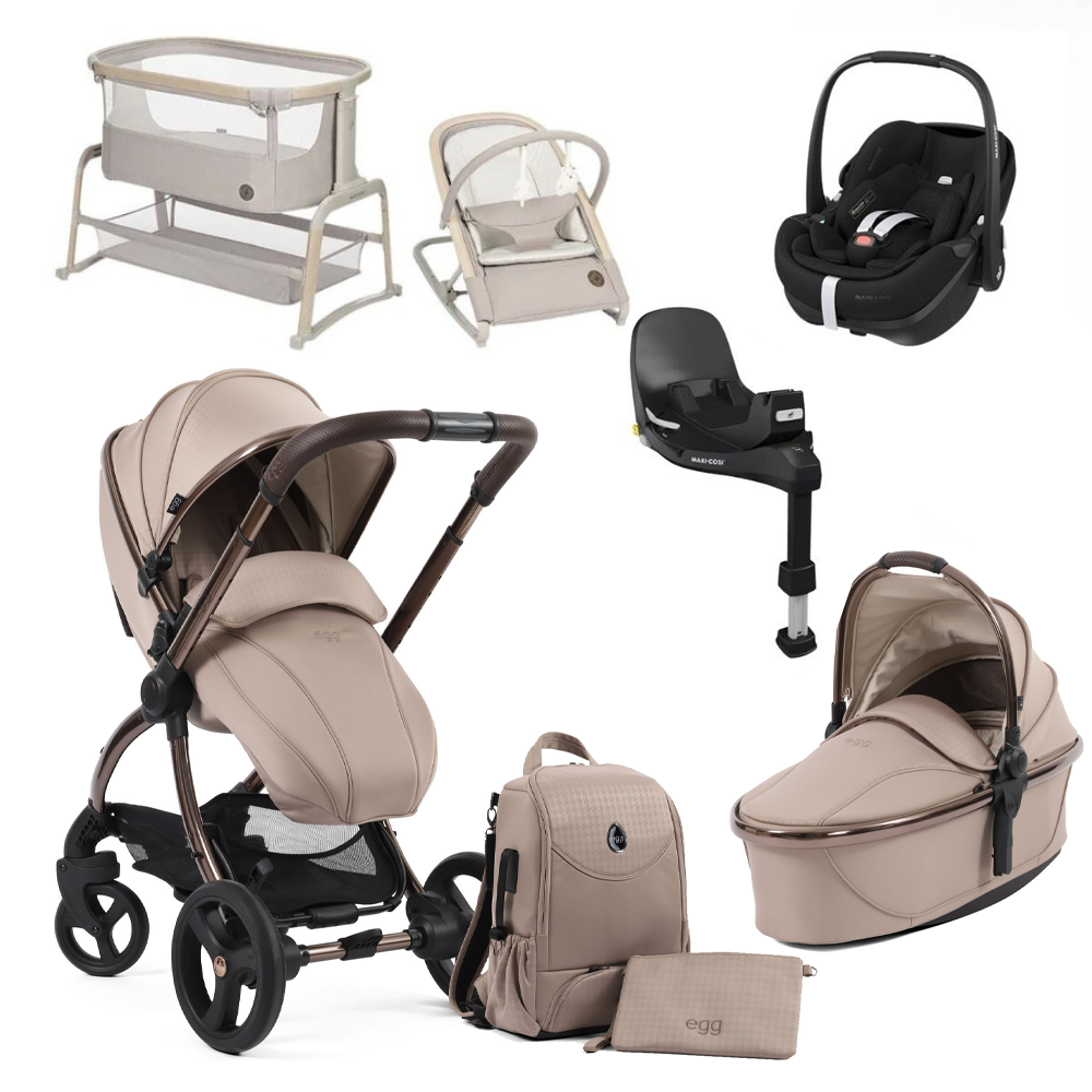 Egg 3 Premium Travel System Bundle in SE Houndstooth Almond, With Car Seat & Base.