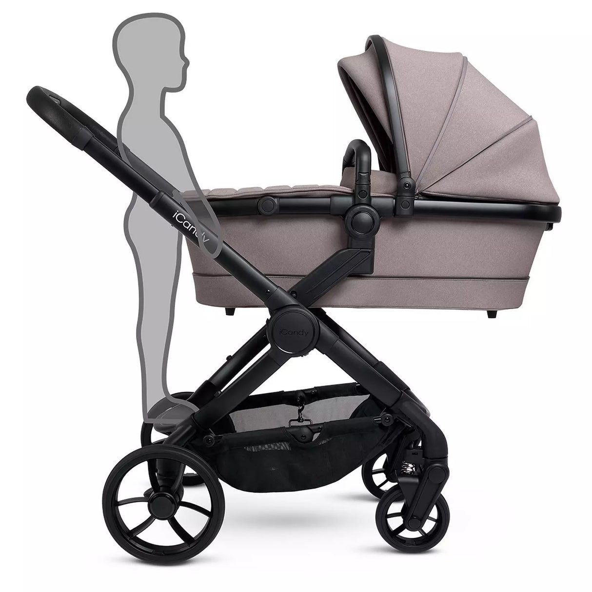 Stroller with beige canopy and black frame on a white background