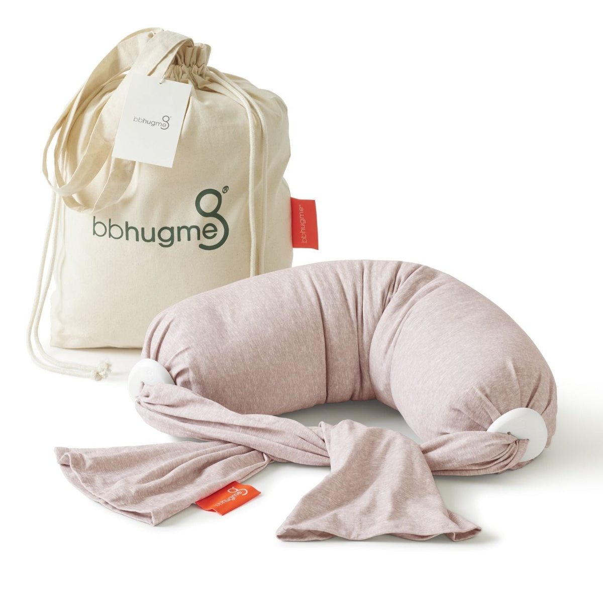 Pink neck pillow with drawstring bag on a white background