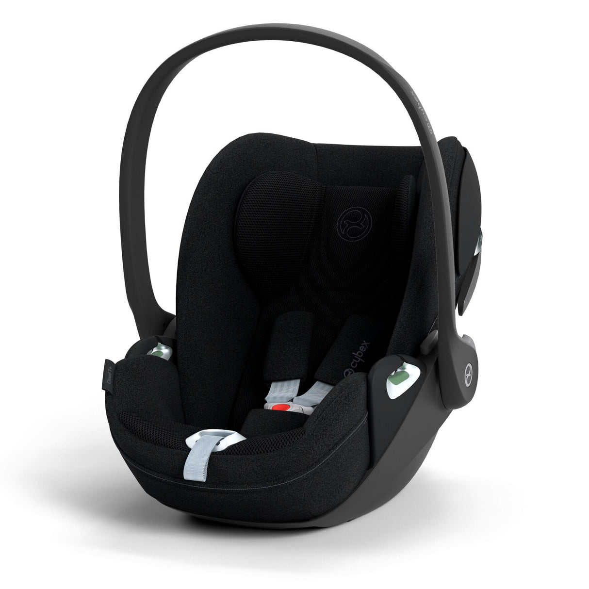 Black baby car seat on a white background