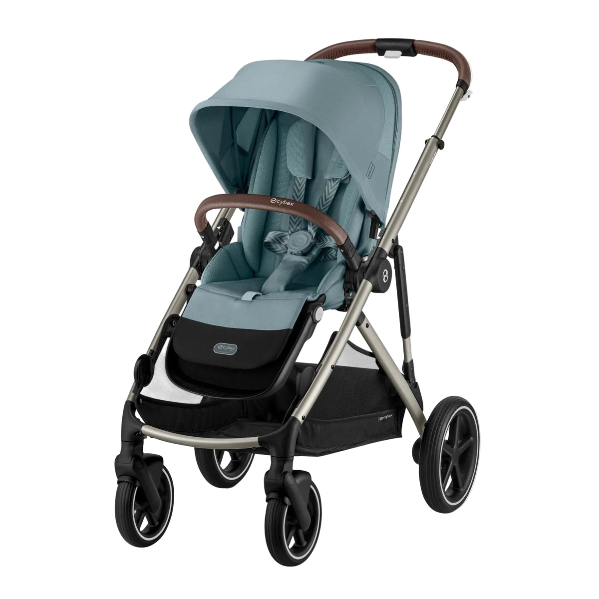 A modern baby stroller in a dusty blue-gray colorway with brown leatherette handle grips, a silver metal frame, and black wheels, shown on a clean white background.