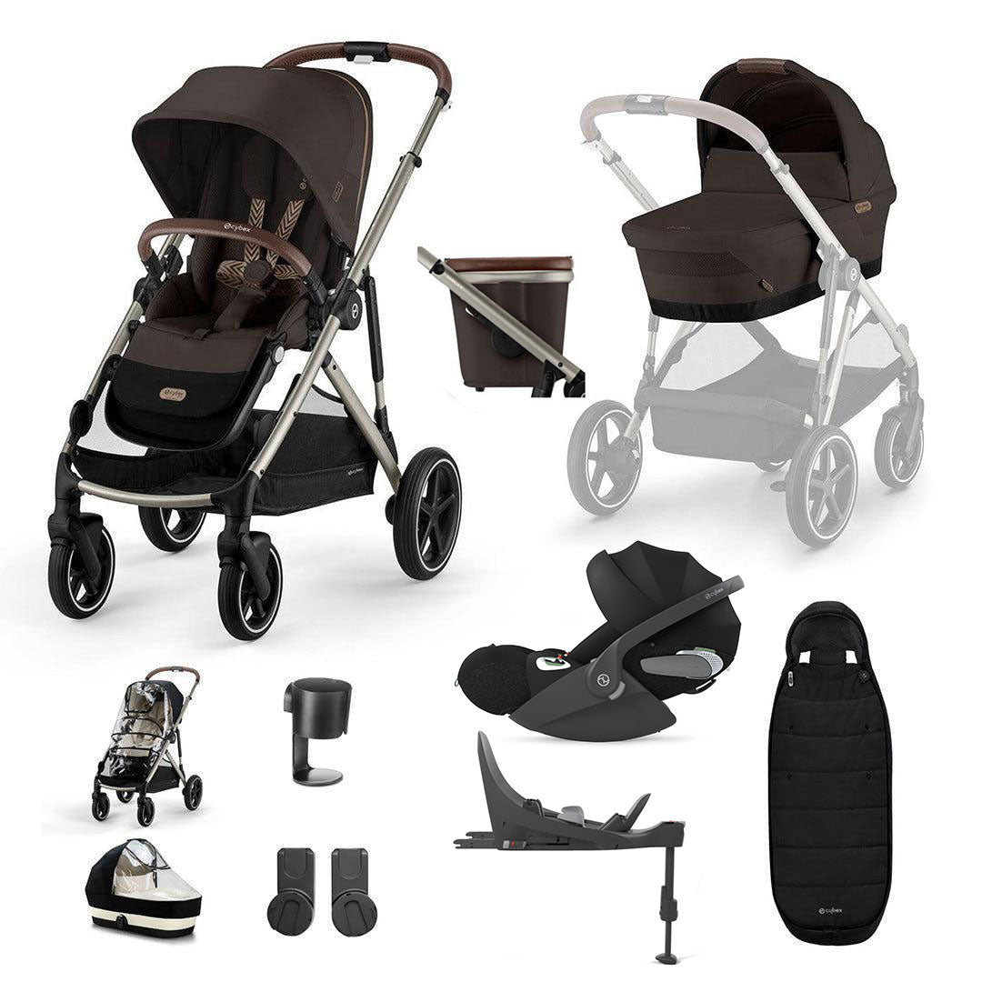 A baby stroller and bassinet travel system kit shown on a clean white background, including a dark brown stroller, matching bassinet, car seat, footmuff, cup holder, and accessories.