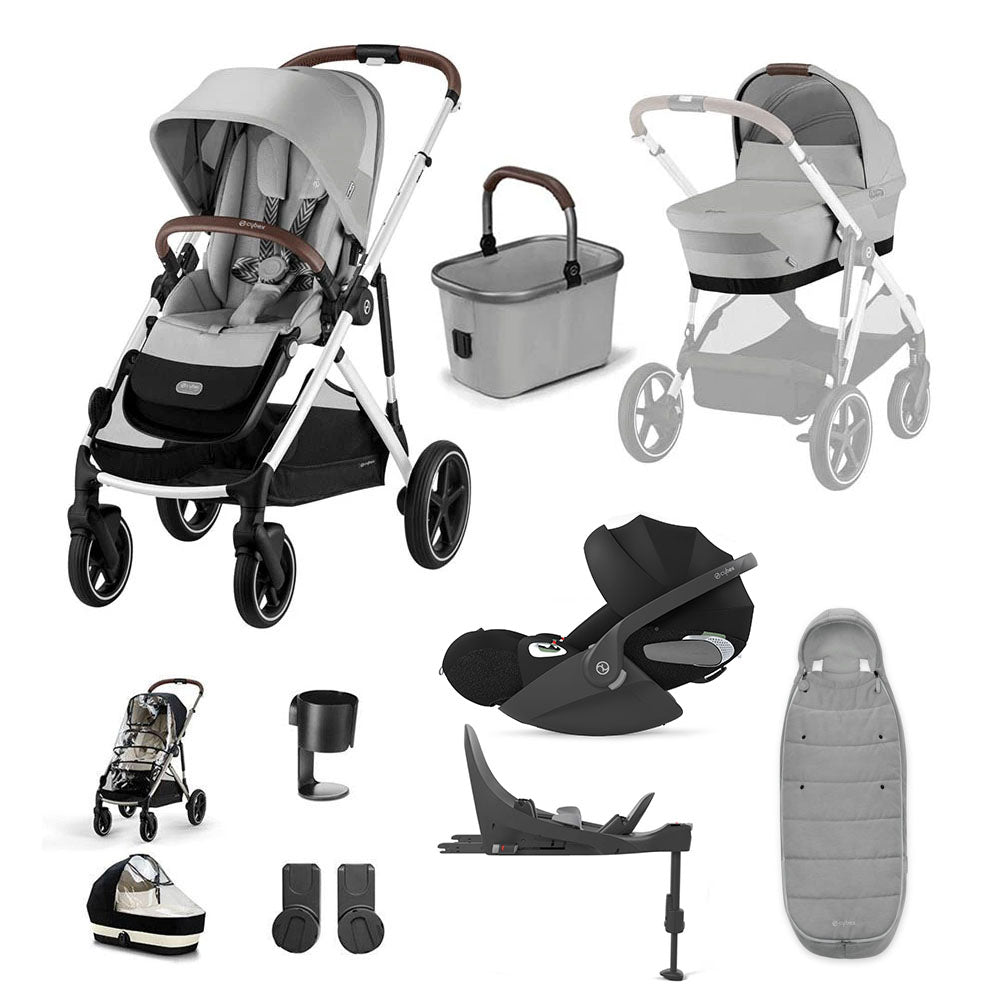 A multi-item baby travel system set in gray, black, and white, including two strollers, a car seat, a bassinet, a storage basket, a footmuff, a cup holder, and accessories, arranged on a clean white background.