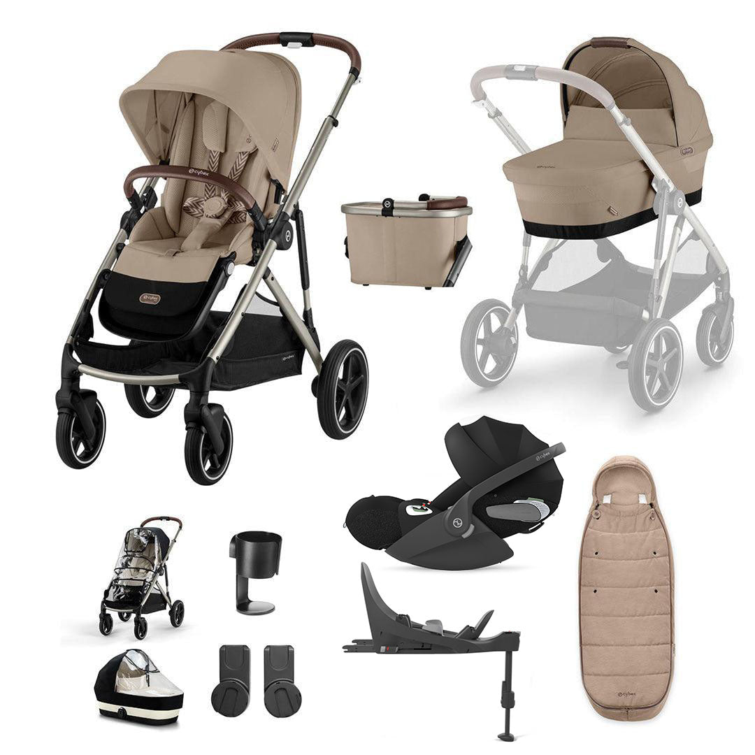 A multi-item baby stroller and car seat accessory kit arranged on a white background. The kit includes a beige and black stroller, a beige and black car seat, a beige footmuff, a beige storage bin, a small stroller, a black infant car seat, a black cup holder, a black bassinet, a black diaper pail cover, and a beige and black boot cover.