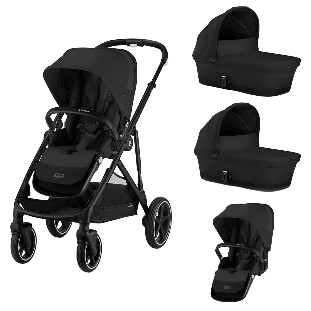 Black stroller with multiple bassinet options on a white background