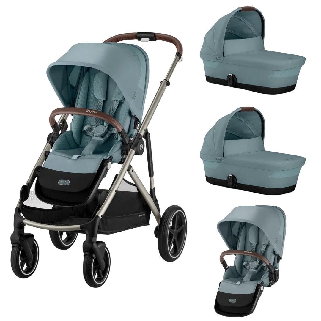 A stroller travel system shown on a clean white background, with three smaller inset views of the same system arranged to the right. The main stroller has a dusty blue-gray fabric, brown leather-look handlebar accents, and black frame/wheels.