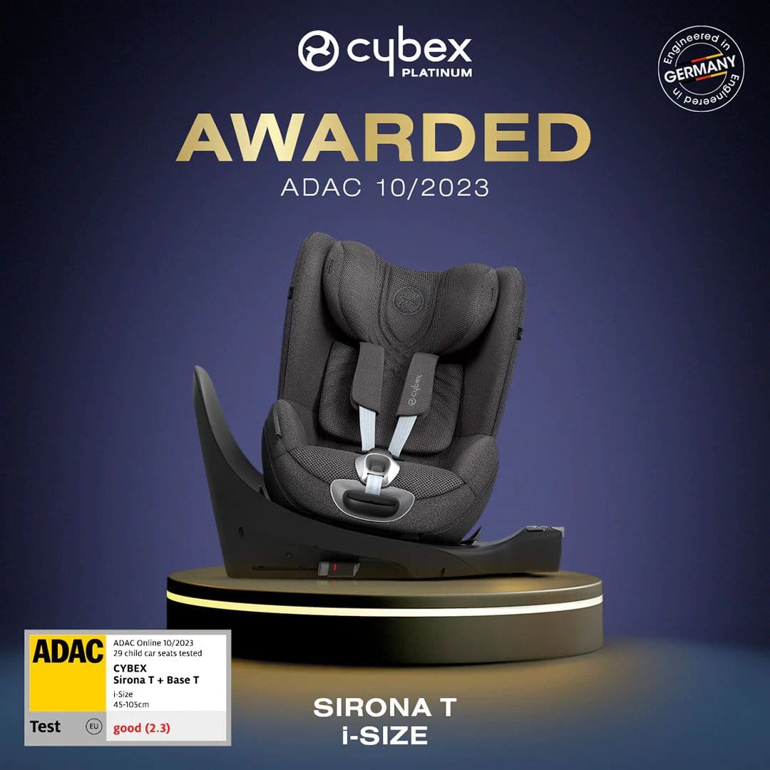 A dark gray Cybex Sirona T i-Size car seat displayed on a round pedestal against a blue gradient background, with award text reading 'AWARDED ADAC 10/2023' and Cybex Platinum branding.
