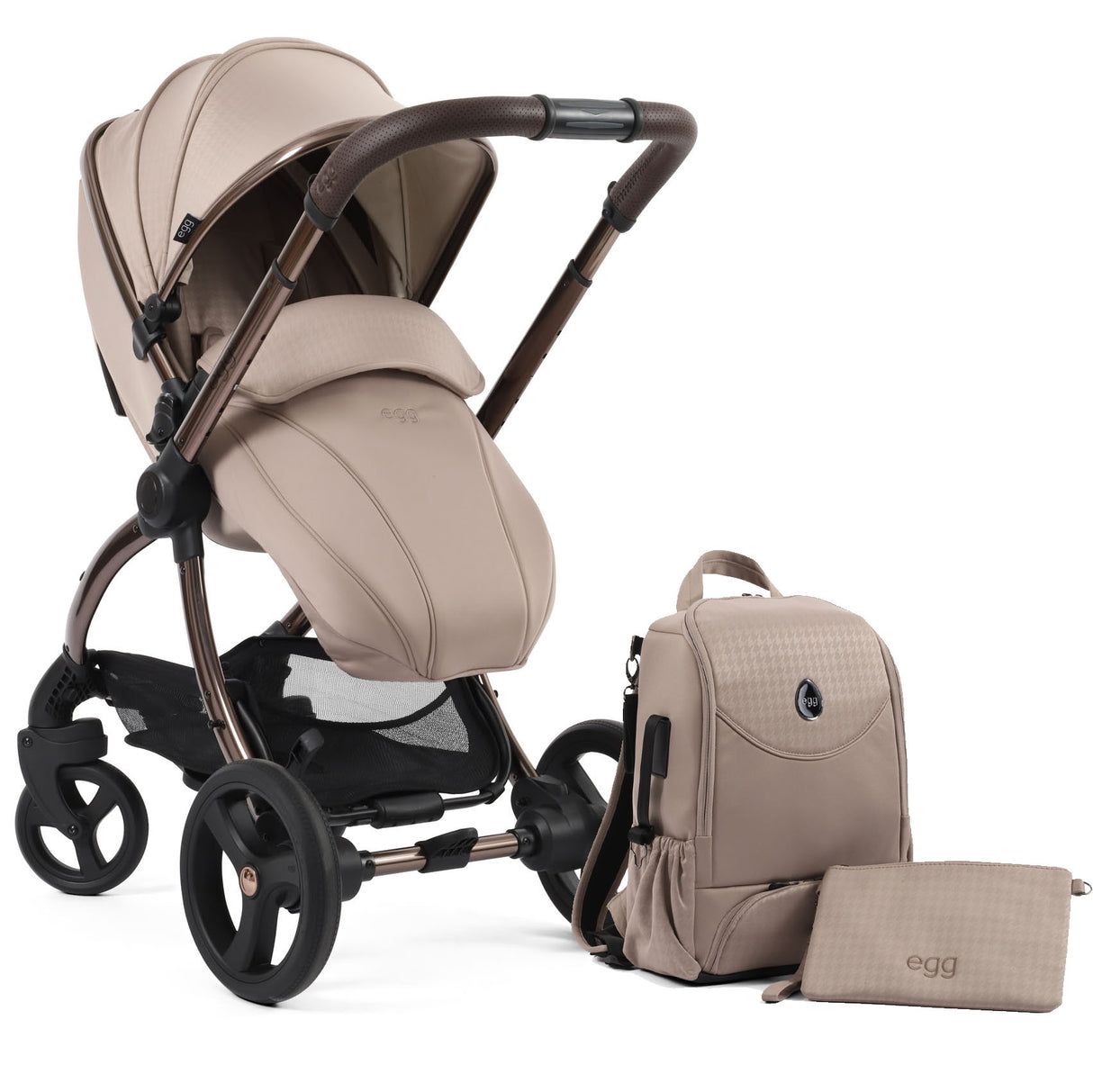 Egg 3 Premium Travel System Bundle in SE Houndstooth Almond, With Car Seat & Base.