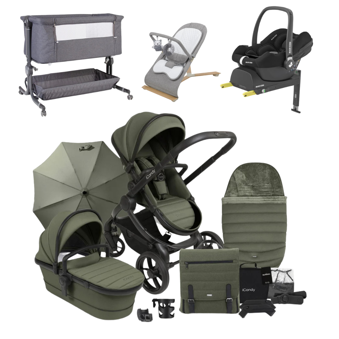 iCandy Peach 7 Essential Bundle, Maxi-Cosi Cabriofix, Bouncer And Bedside Crib