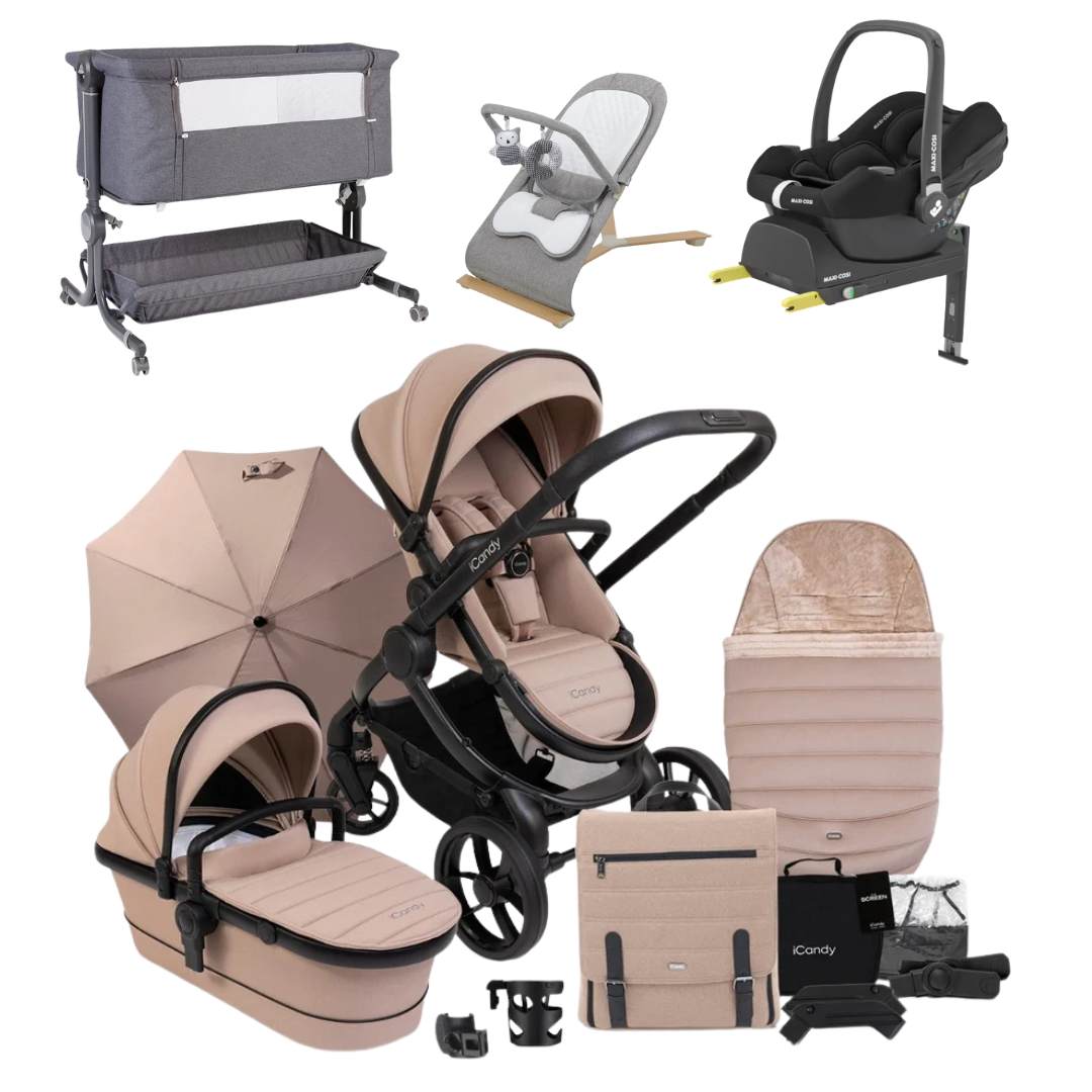 iCandy Peach 7 Essential Bundle, Maxi-Cosi Cabriofix, Bouncer And Bedside Crib