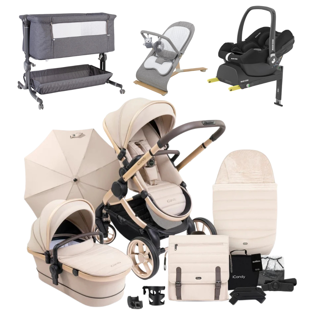 iCandy Peach 7 Essential Bundle, Maxi-Cosi Cabriofix, Bouncer And Bedside Crib