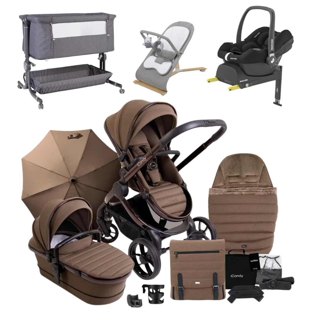 iCandy Peach 7 Essential Bundle, Maxi-Cosi Cabriofix, Bouncer And Bedside Crib