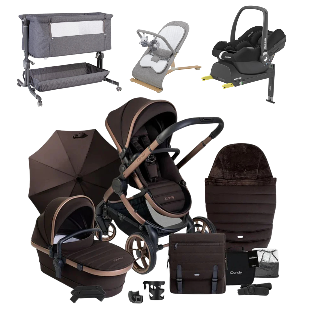 iCandy Peach 7 Essential Bundle, Maxi-Cosi Cabriofix, Bouncer And Bedside Crib