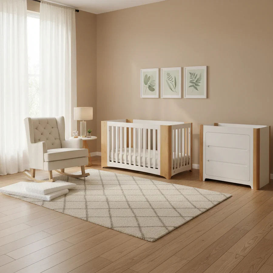Cocoon Evoluer 4 in 1 Nursery Furniture System - Bassinet, Cot, Toddler Bed & Sofa, White/Natural